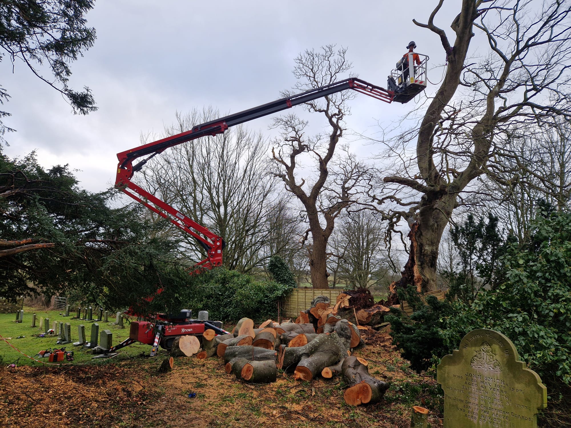 Cherry picker tree surgery, churchyard